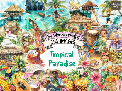 Tropical Paradise Watercolor Clipart beach clipart coastal clipart exotic flowers png - WondersArtist