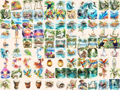 Tropical Paradise Watercolor Clipart beach clipart coastal clipart exotic flowers png - WondersArtist