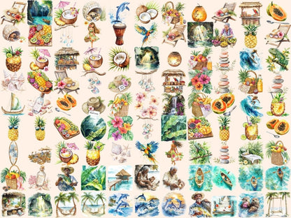 Tropical Paradise Watercolor Clipart beach clipart coastal clipart exotic flowers png - WondersArtist