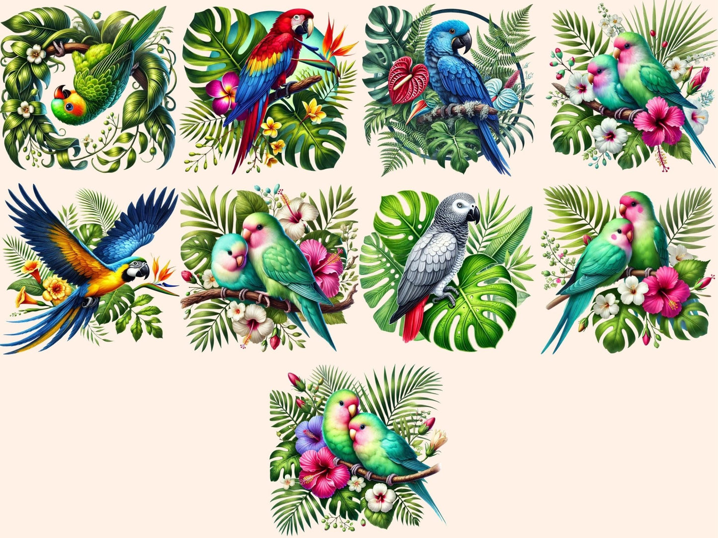 Tropical Parrots Clipart - High - Quality Instant Digital Download for Creative Projects