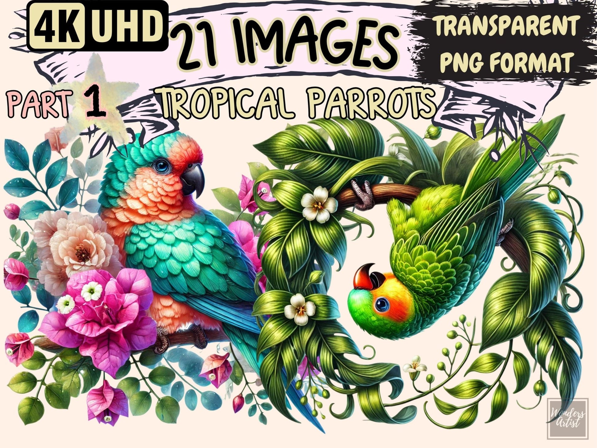 Tropical Parrots Clipart - High - Quality Instant Digital Download for Creative Projects