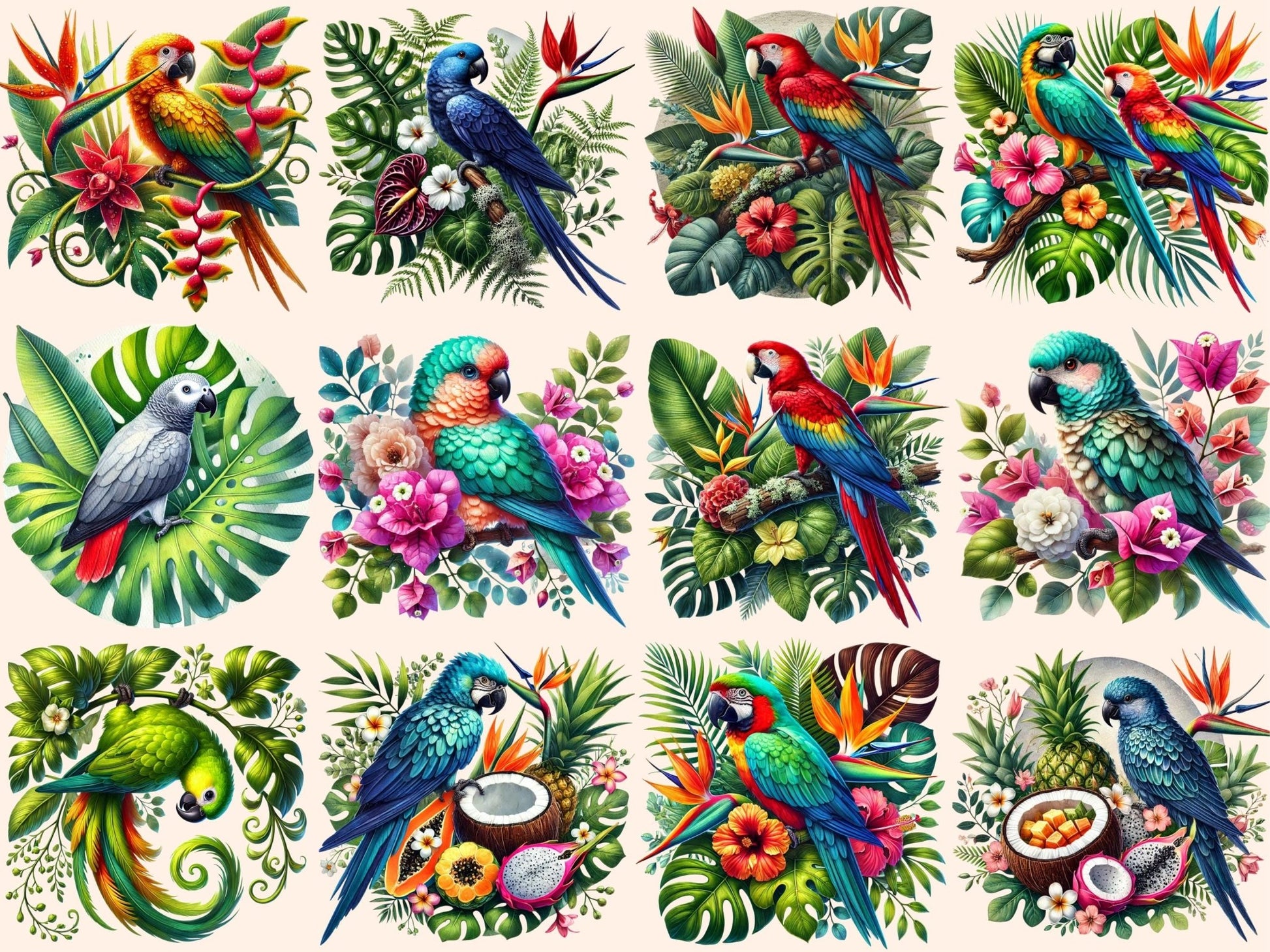 Tropical Parrots Clipart - High - Quality Instant Digital Download for Creative Projects