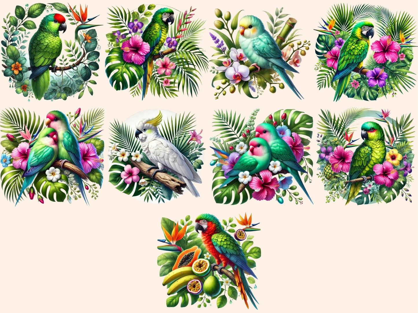 Tropical Parrots (P2) Clipart - High - Quality Instant Digital Download for Creative Projects