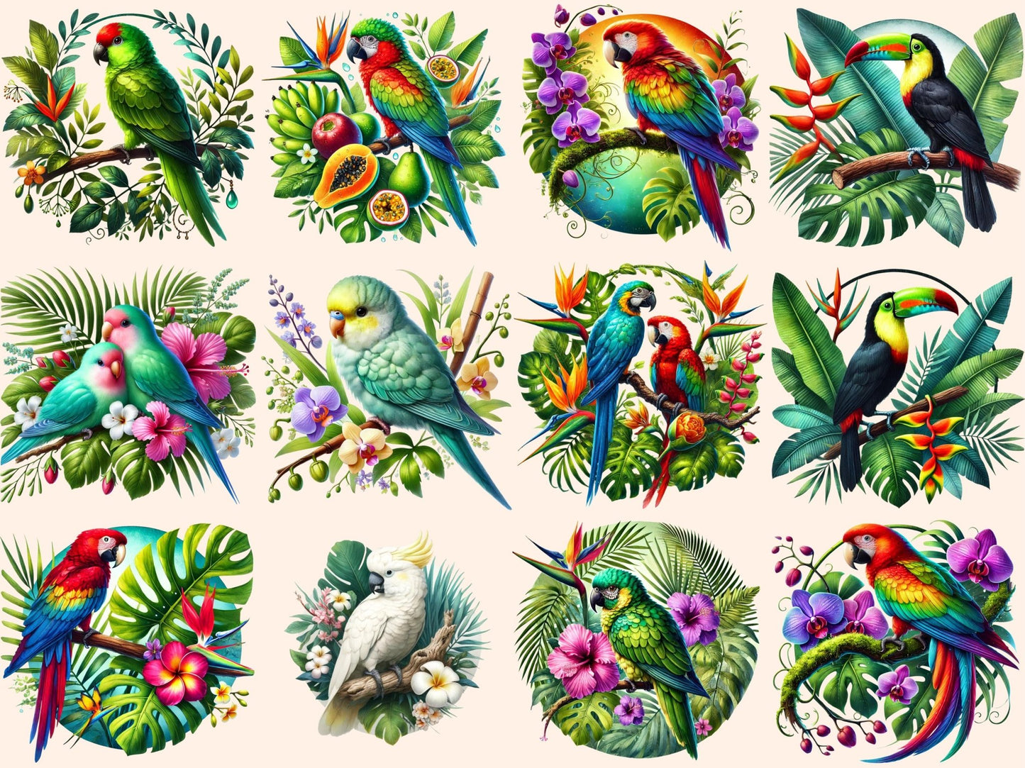 Tropical Parrots (P2) Clipart - High - Quality Instant Digital Download for Creative Projects