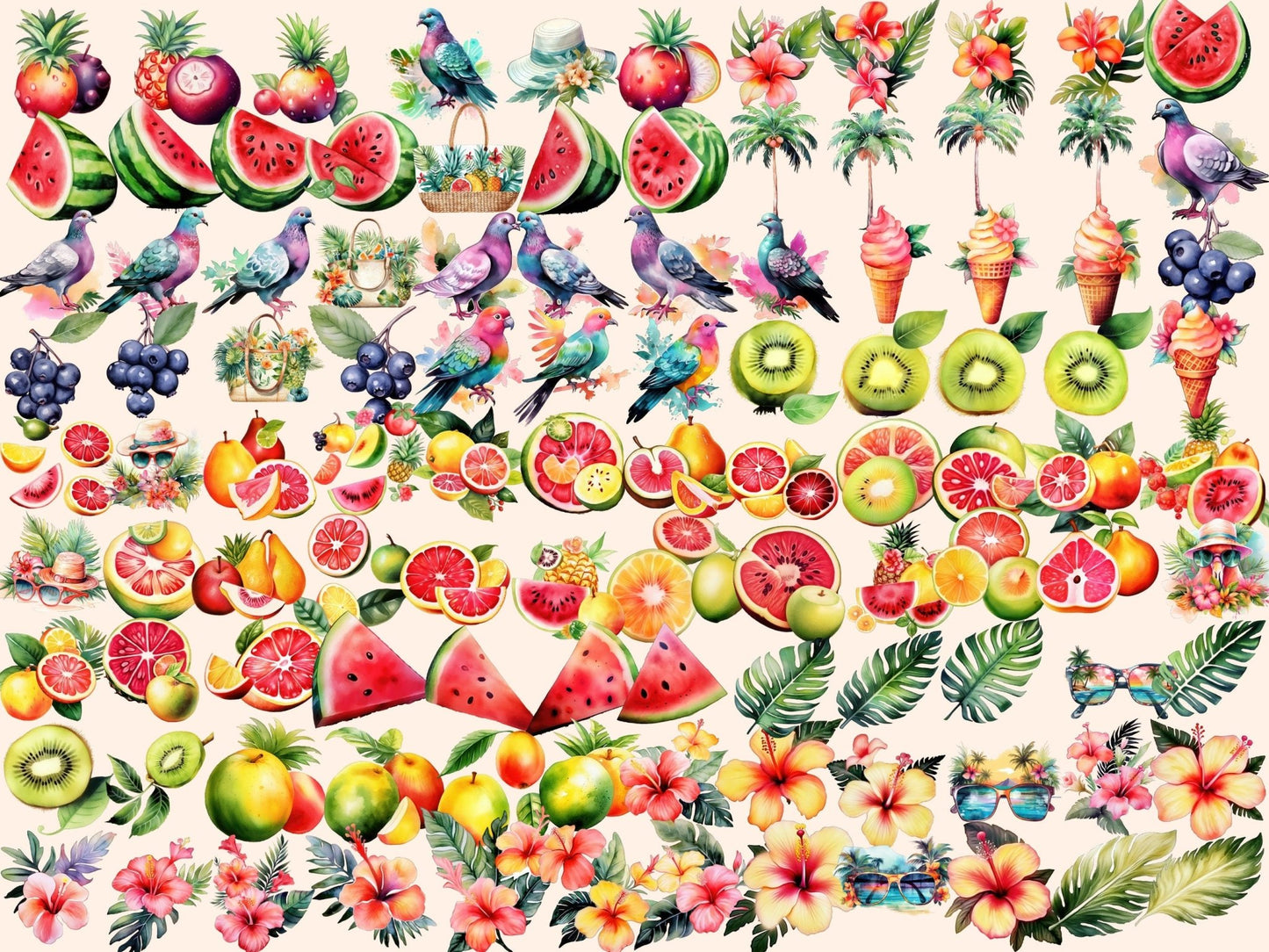 Tropical Summer Watercolor Clipart - High - Quality Instant Digital Download for Creative Projects