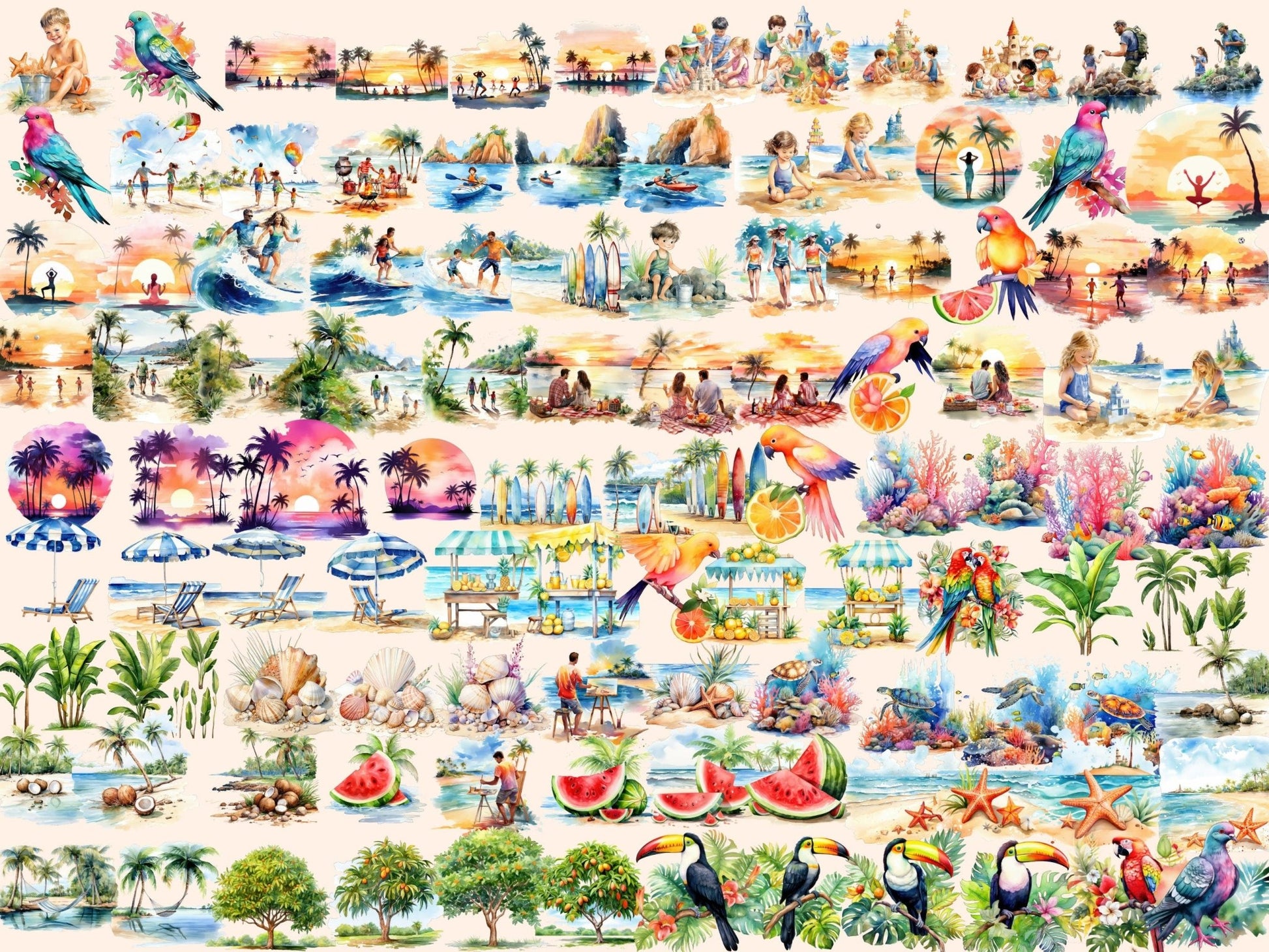 Tropical Summer Watercolor Clipart - High - Quality Instant Digital Download for Creative Projects