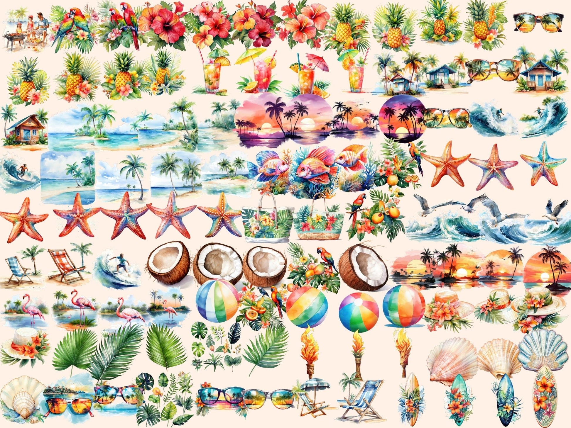 Tropical Summer Watercolor Clipart - High - Quality Instant Digital Download for Creative Projects