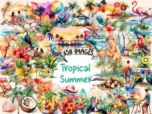 Tropical Summer Watercolor Clipart - High - Quality Instant Digital Download for Creative Projects