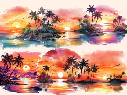 Tropical Sunsets Watercolor Clipart - High - Quality Instant Digital Download for Creative Projects
