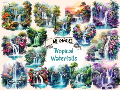 Tropical Waterfalls Watercolor Clipart exotic clipart - Wonders Artist