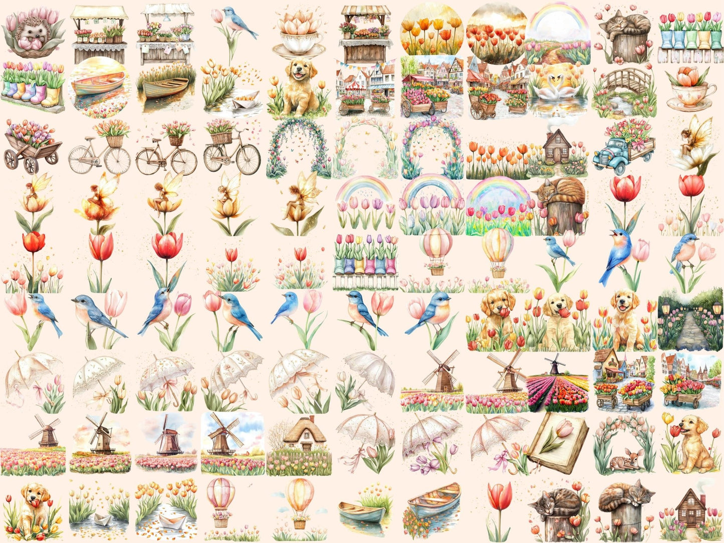 Tulip Fields Watercolor Clipart - High - Quality Instant Digital Download for Creative Projects