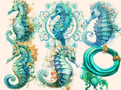 Turquoise Seahorses Watercolor Clipart sea animals clipart - Wonders Artist
