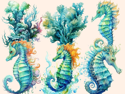 Turquoise Seahorses Watercolor Clipart sea animals clipart - Wonders Artist