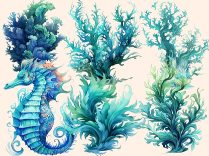 Turquoise Seahorses Watercolor Clipart sea animals clipart - Wonders Artist