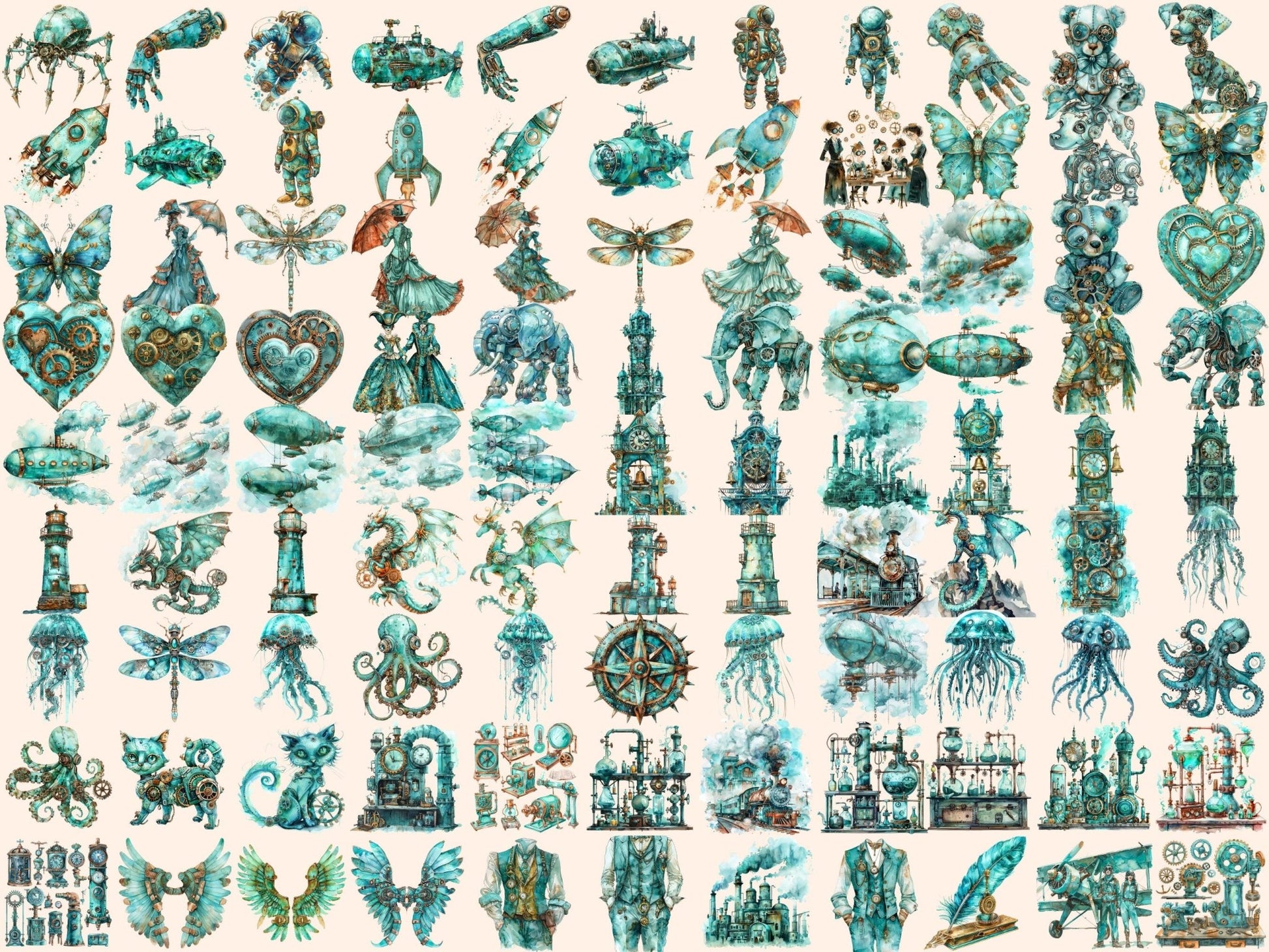 Turquoise Steampunk Watercolor Clipart - High - Quality Instant Digital Download for Creative Projects