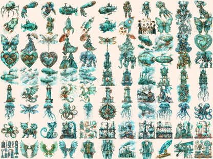 Turquoise Steampunk Watercolor Clipart steampunk art - Wonders Artist