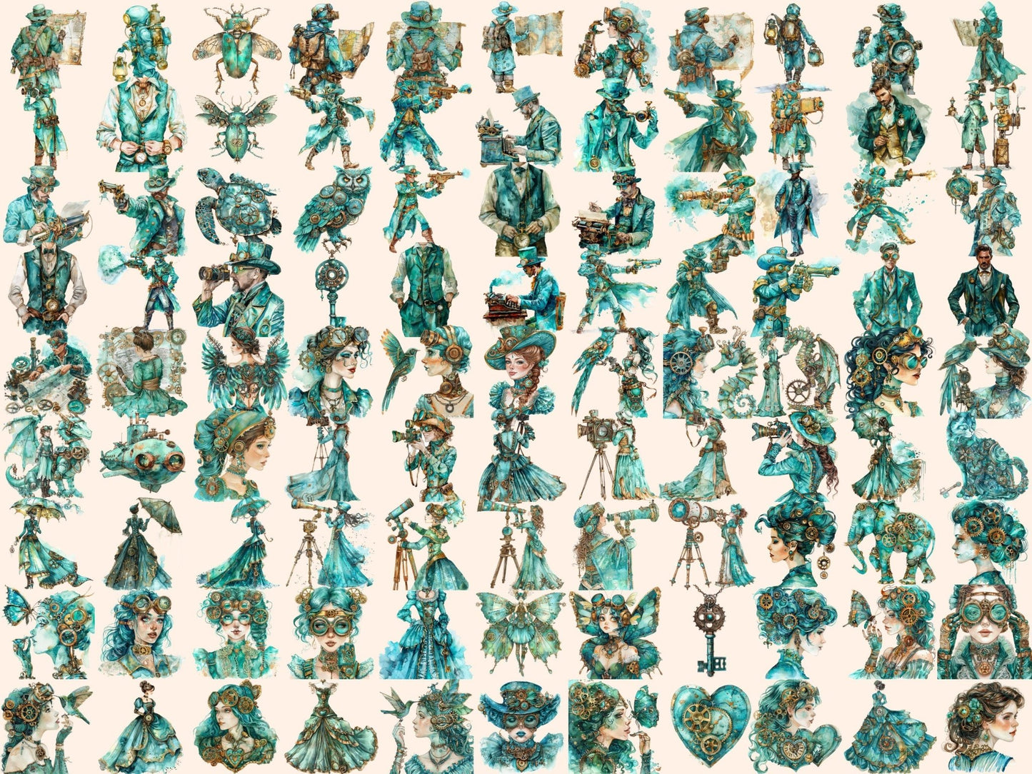 Turquoise Steampunk Watercolor Clipart - High - Quality Instant Digital Download for Creative Projects