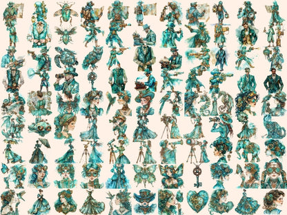 Turquoise Steampunk Watercolor Clipart steampunk art - Wonders Artist