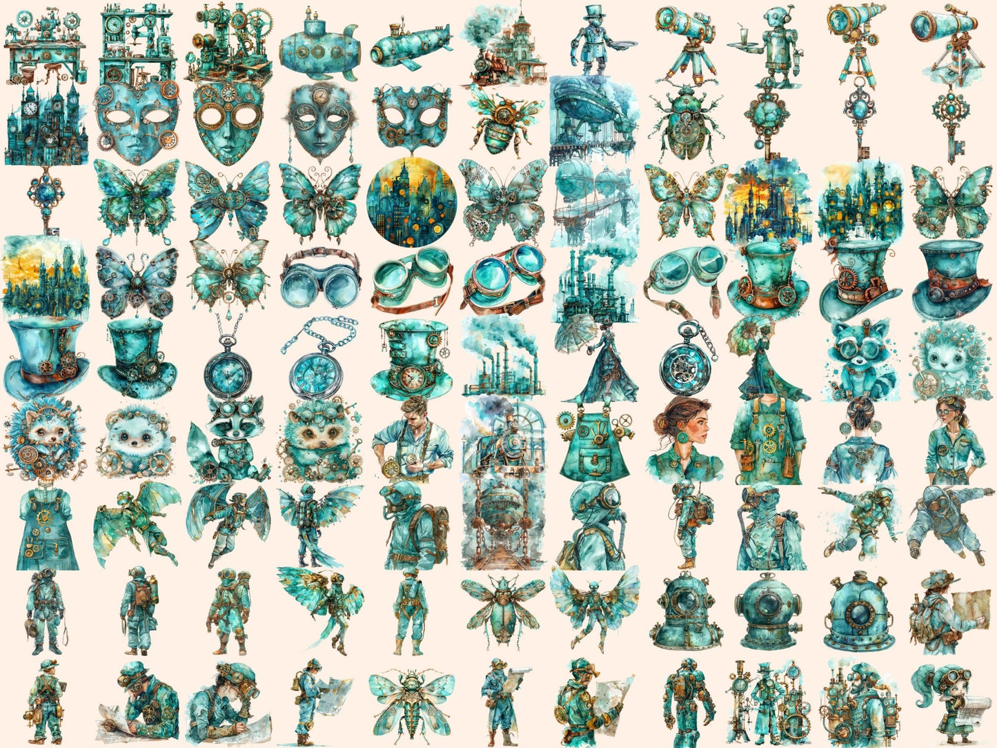 Turquoise Steampunk Watercolor Clipart - High - Quality Instant Digital Download for Creative Projects