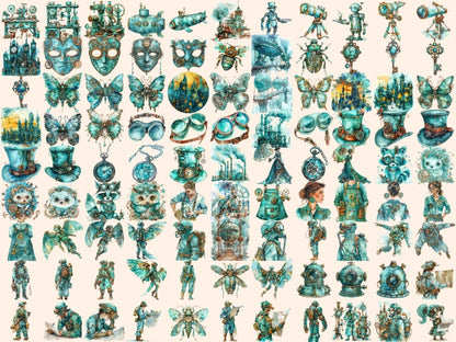 Turquoise Steampunk Watercolor Clipart steampunk art - Wonders Artist