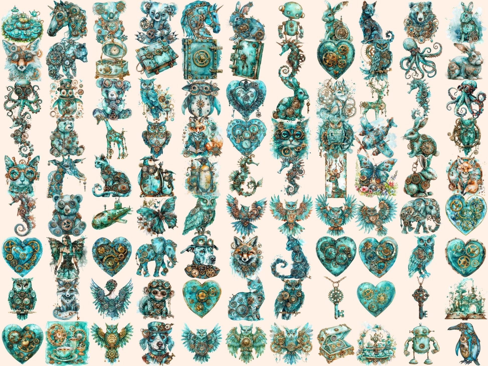 Turquoise Steampunk Watercolor Clipart - High - Quality Instant Digital Download for Creative Projects