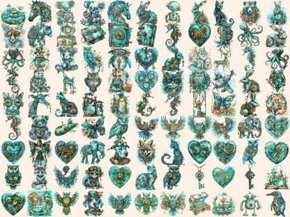 Turquoise Steampunk Watercolor Clipart steampunk art - Wonders Artist