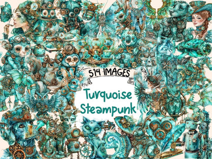 Turquoise Steampunk Watercolor Clipart steampunk art - Wonders Artist