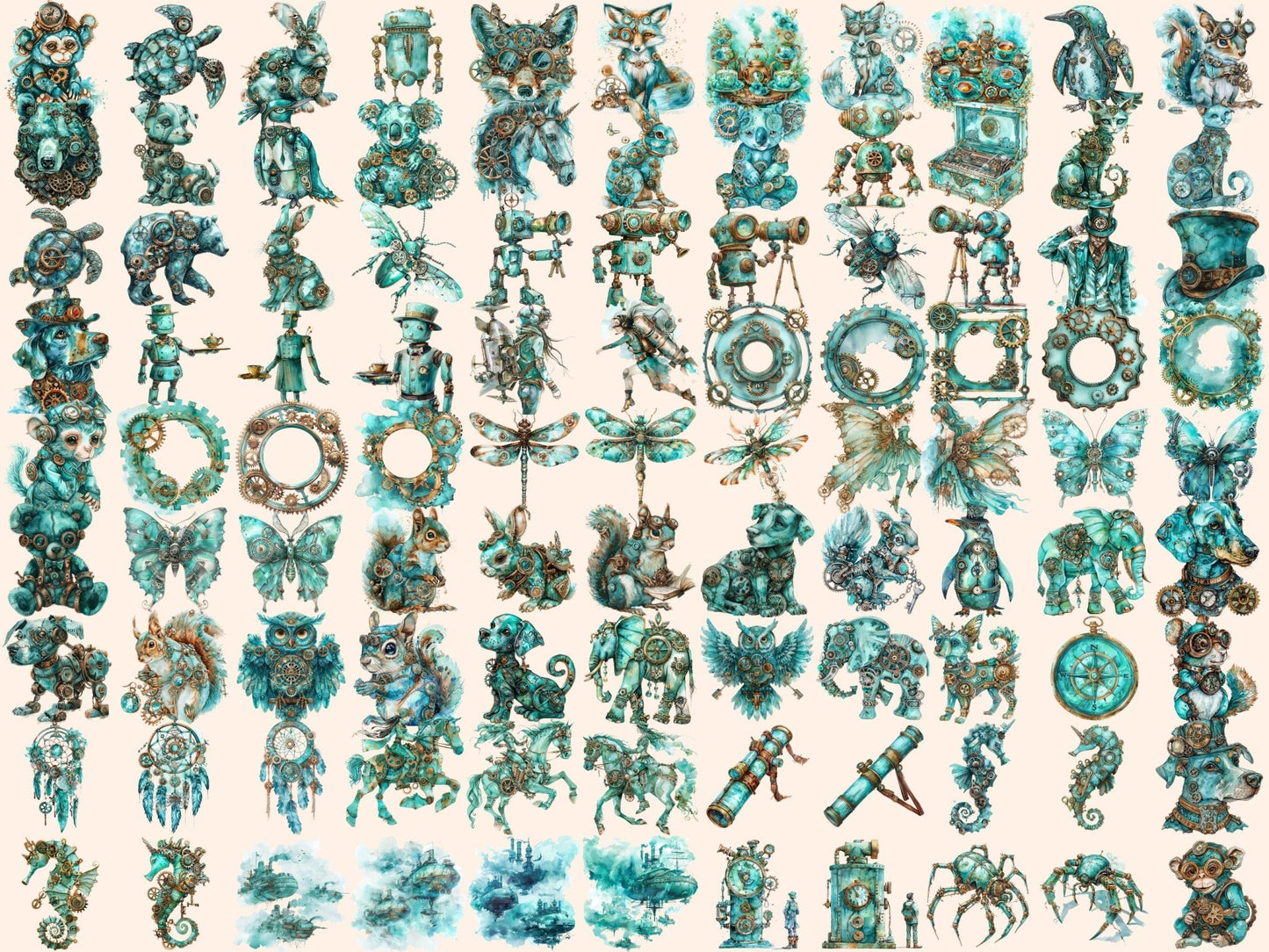 Turquoise Steampunk Watercolor Clipart - High - Quality Instant Digital Download for Creative Projects