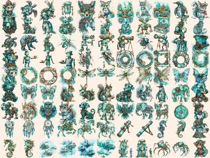 Turquoise Steampunk Watercolor Clipart steampunk art - Wonders Artist