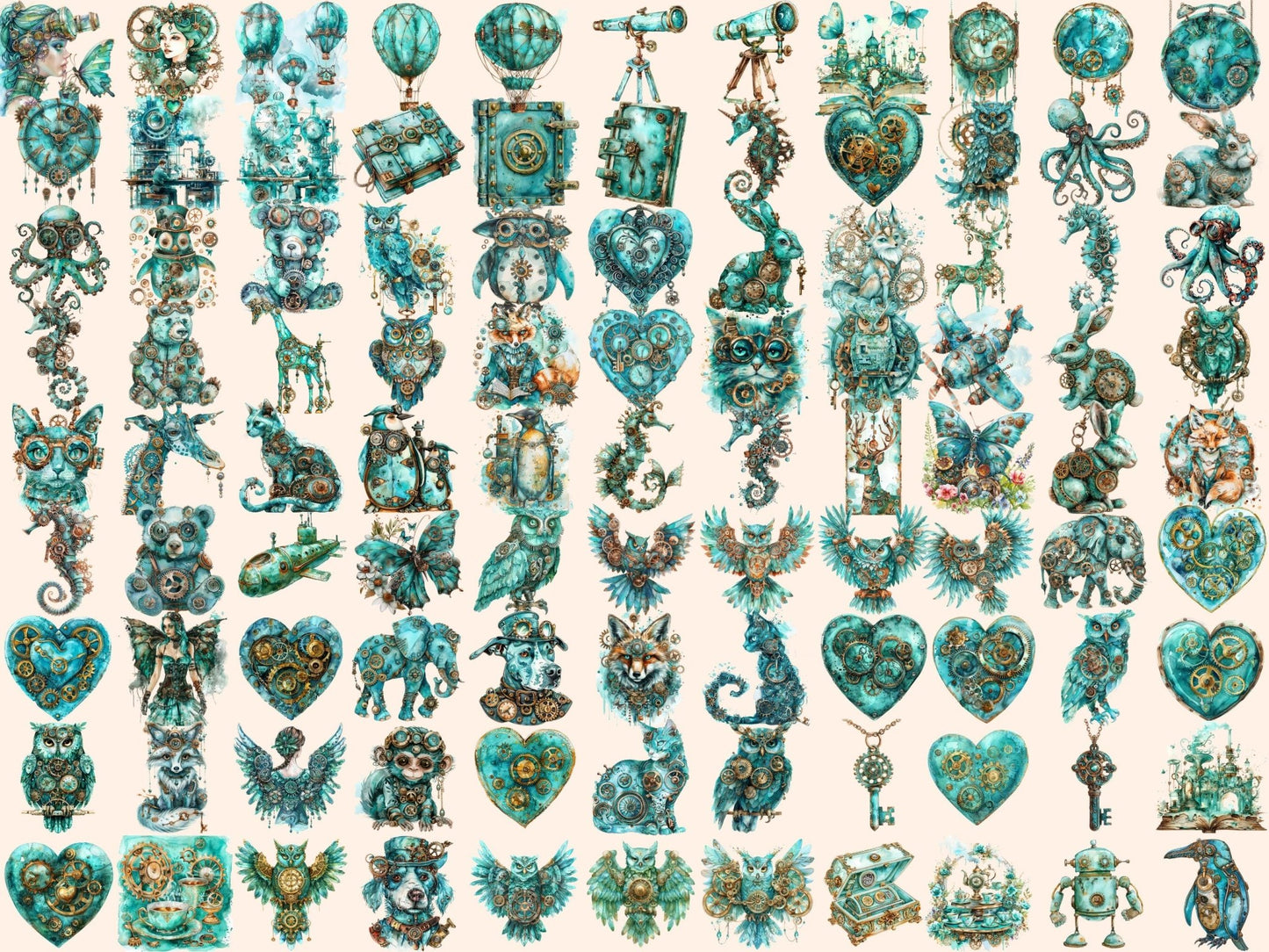 Turquoise Steampunk Watercolor Clipart - High - Quality Instant Digital Download for Creative Projects