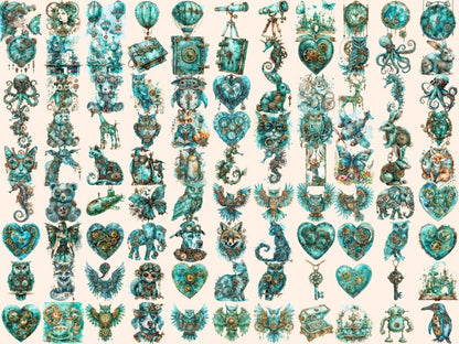 Turquoise Steampunk Watercolor Clipart steampunk art - Wonders Artist