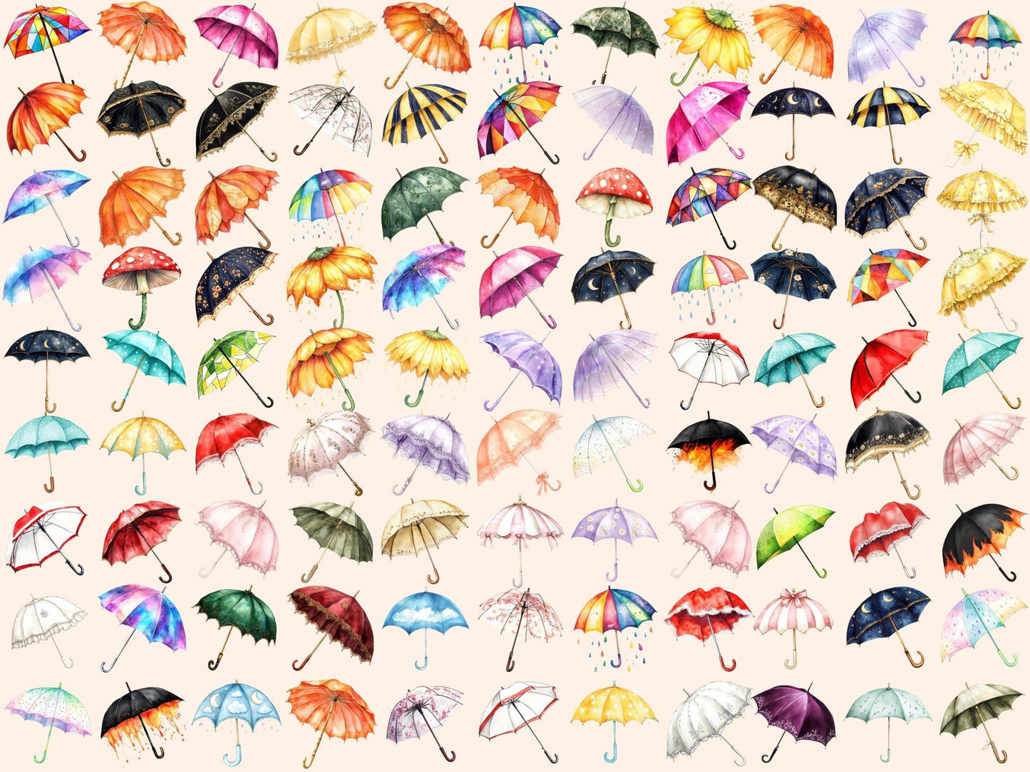 Umbrellas Watercolor Clipart - High - Quality Instant Digital Download for Creative Projects