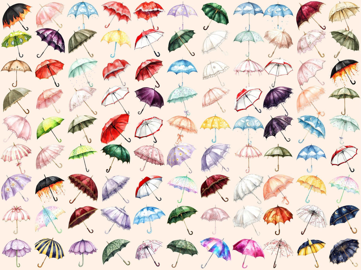 Umbrellas Watercolor Clipart - High - Quality Instant Digital Download for Creative Projects