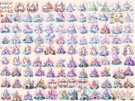 Clipart cu Castele Unicorn în Acuarelă