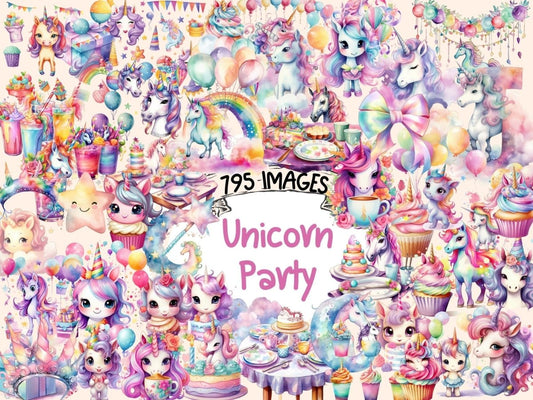 Unicorn Party Watercolor Clipart girl birthday png - Wonders Artist