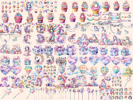 ユニコーンパーティー水彩クリップアート