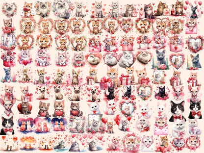 Valentine's Day Cats Watercolor Clipart cat valentines - Wonders Artist