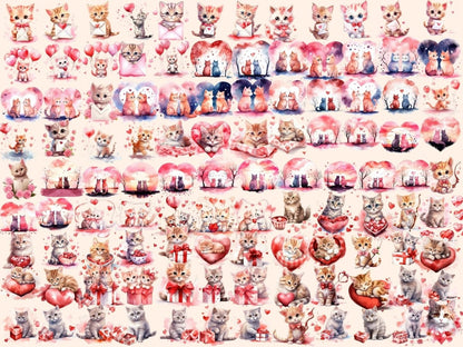 Valentine's Day Cats Watercolor Clipart cat valentines - Wonders Artist