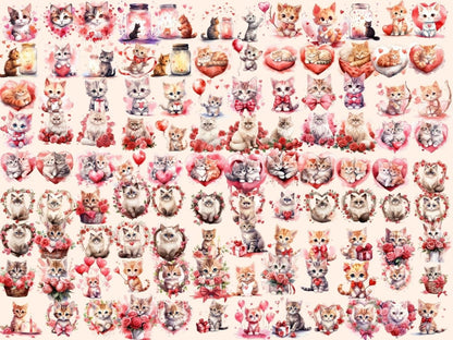 Valentine's Day Cats Watercolor Clipart - High - Quality Instant Digital Download for Creative Projects
