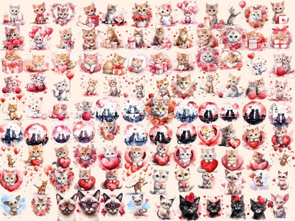 Valentine's Day Cats Watercolor Clipart cat valentines - Wonders Artist