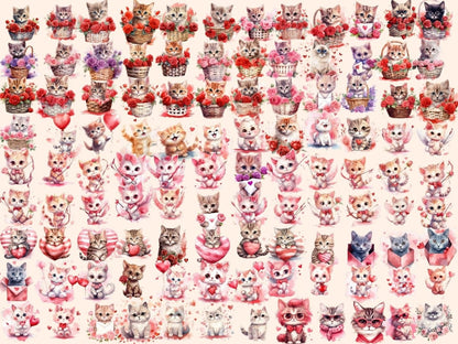 Valentine's Day Cats Watercolor Clipart cat valentines - Wonders Artist