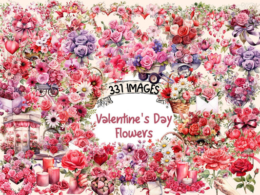 Valentine’s Day Flowers Watercolor Clipart - High - Quality Instant Digital Download for Creative Projects