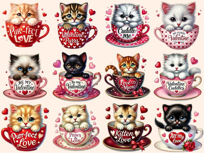 Valentine's Day Kitty Cups (P2) Clipart - High - Quality Instant Digital Download for Creative Projects