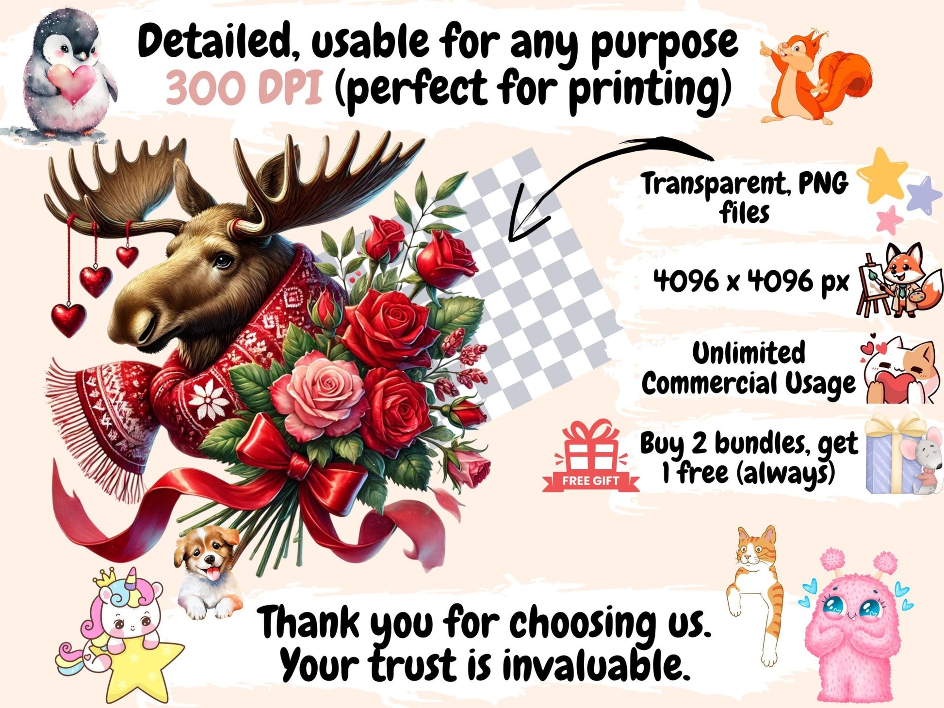 Valentine's Day Moose Clipart - High - Quality Instant Digital Download for Creative Projects