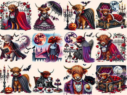 Vampire Highland Cows Clipart cow costume png cute vampire cow dark cow art - WondersArtist