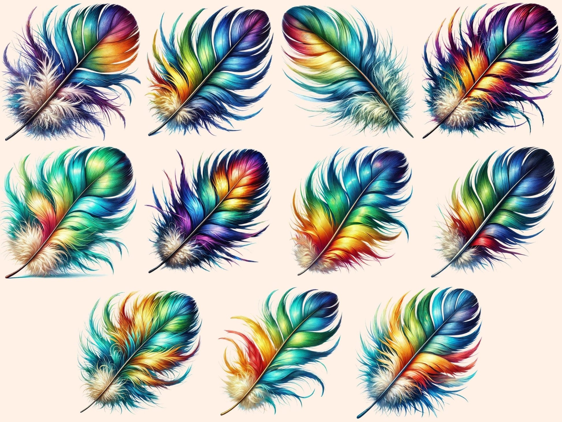 Vibrant Feathers Clipart - High - Quality Instant Digital Download for Creative Projects