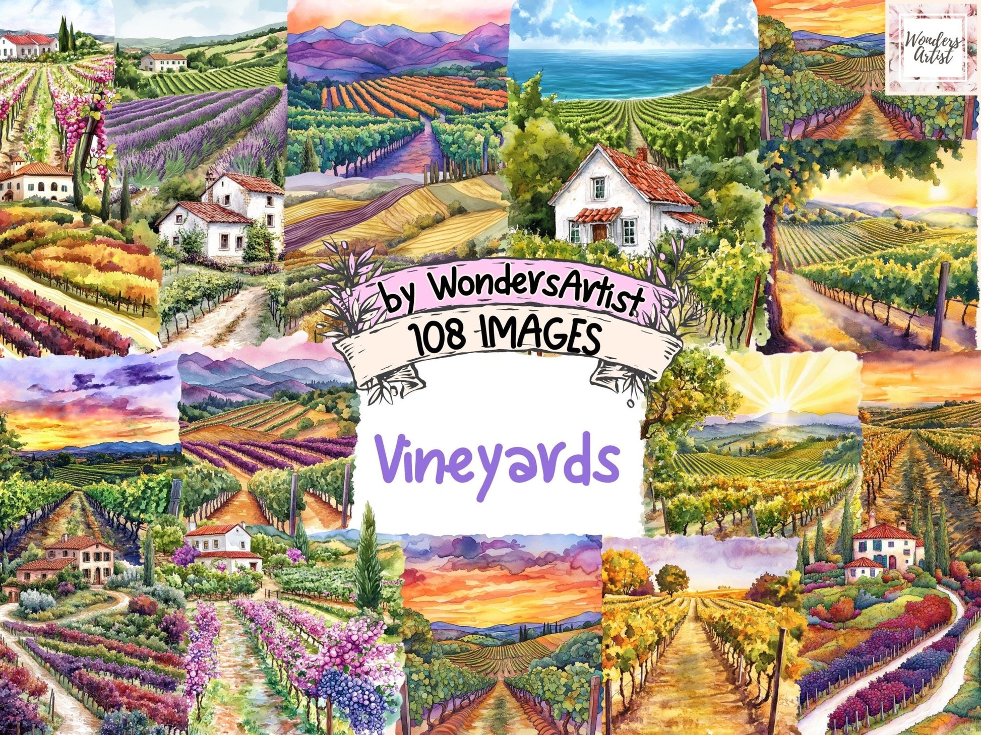 Vineyards Watercolor Clipart - High - Quality Instant Digital Download for Creative Projects