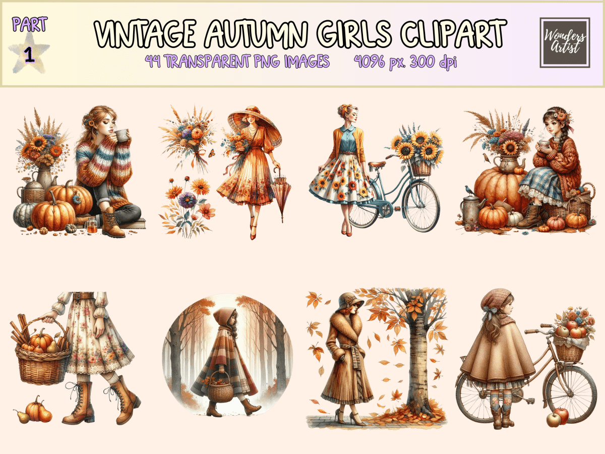 Vintage Autumn Girls Clipart All Bundles Clipart Line Art - WondersArtist