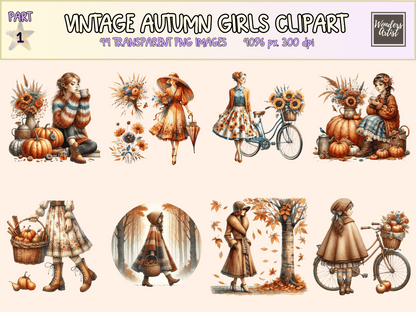 Vintage Autumn Girls Clipart All Bundles Clipart Line Art - WondersArtist