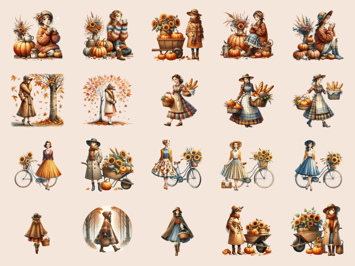 Vintage Autumn Girls Clipart All Bundles Clipart Line Art - WondersArtist
